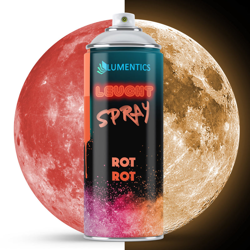 Leuchtspray Hellrot 400 ml: Dose vor Mond, links bei Tageslicht rot, rechts im Dunkeln gelblich leuchtend