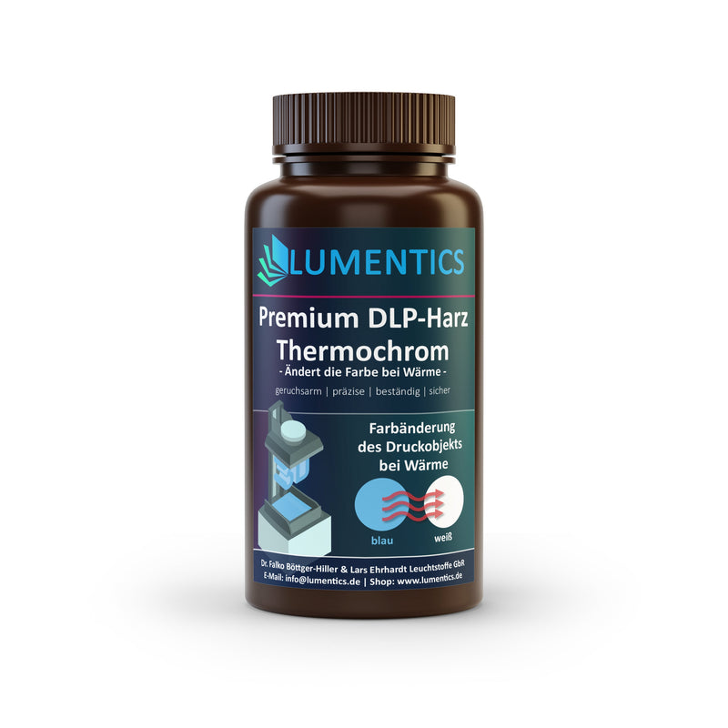 3D-Druckharz Thermochrom Blau/Weiß 500 g: Braune Flasche mit Etikett, Grafik zum Farbwechsel von Blau zu Weiß bei Wärme