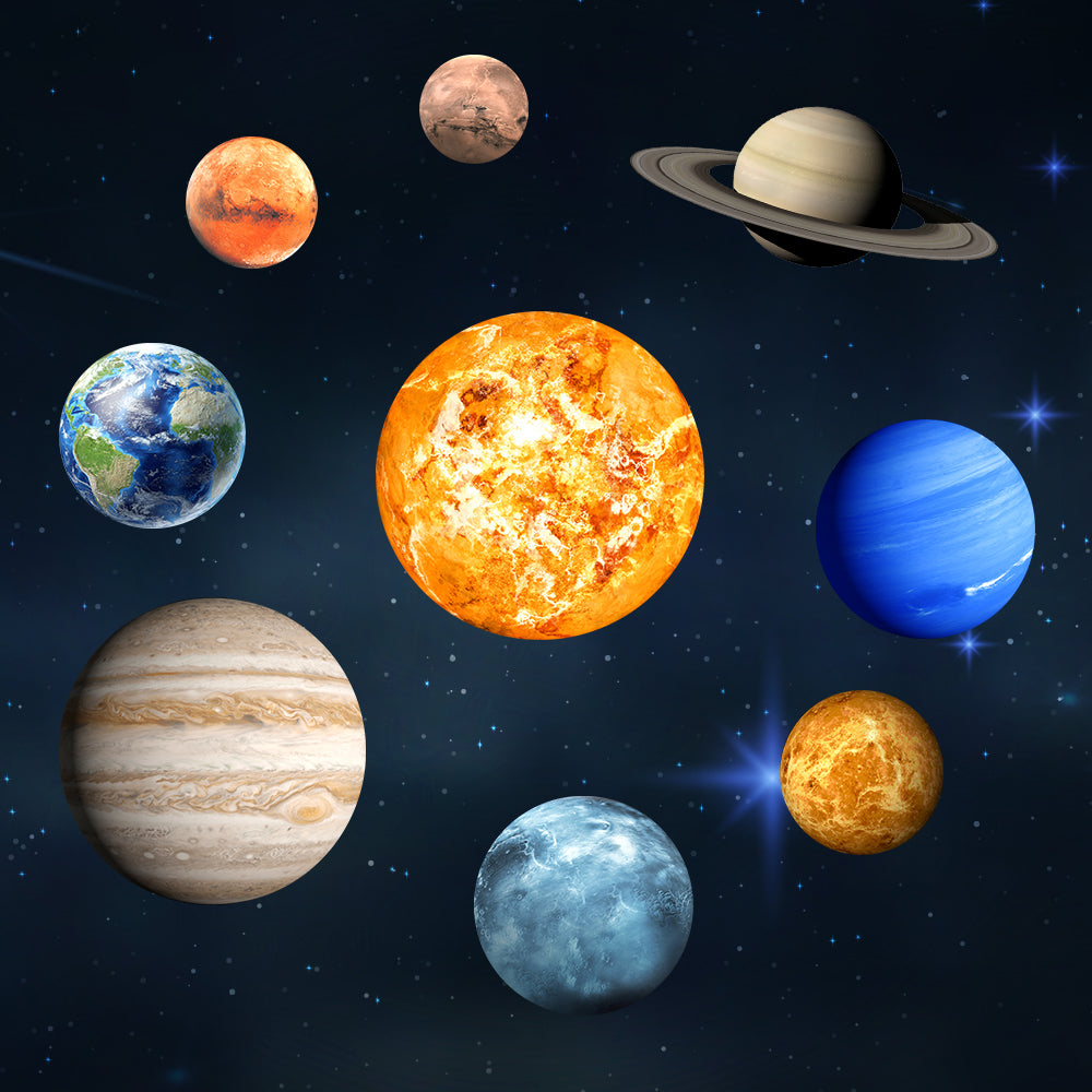 Planeten-Aufkleber Sonnensystem, 9 Motive: Sonne und Planeten vor Sternenhimmel bei Tageslicht