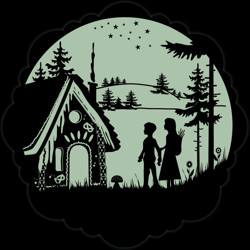 Märchenaufkleber Hänsel und Gretel 30 cm: Hänsel und Gretel vor dem Knusperhaus in blassgrüner Mondscheibe, schwarz gerahmt