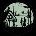 Märchenaufkleber Hänsel und Gretel 30 cm: Hänsel und Gretel vor dem Knusperhaus in blassgrüner Mondscheibe, schwarz gerahmt