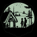 Märchenaufkleber Hänsel und Gretel 30 cm: Hänsel und Gretel vor dem Knusperhaus in blassgrüner Mondscheibe, schwarz gerahmt