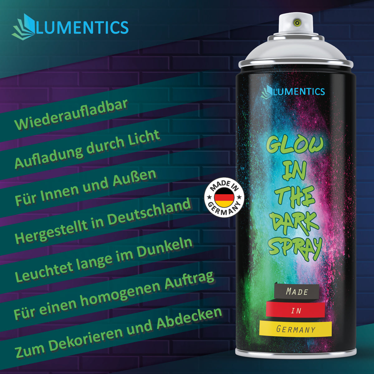 Leuchtspray Gold-Grün 400 ml, Dose vor Backsteinwand, Grafik mit Stichpunkten zur Anwendung