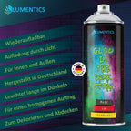 Schwarze Leuchtspray-Dose vor Backsteinwand mit Stichpunkten: wiederaufladbar, innen und außen, Made in Germany