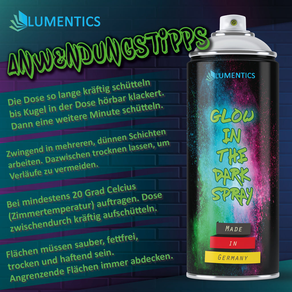 Leuchtspray Natur-Blau 400 ml, Grafik mit Anwendungstipps zum Schütteln und Auftragen