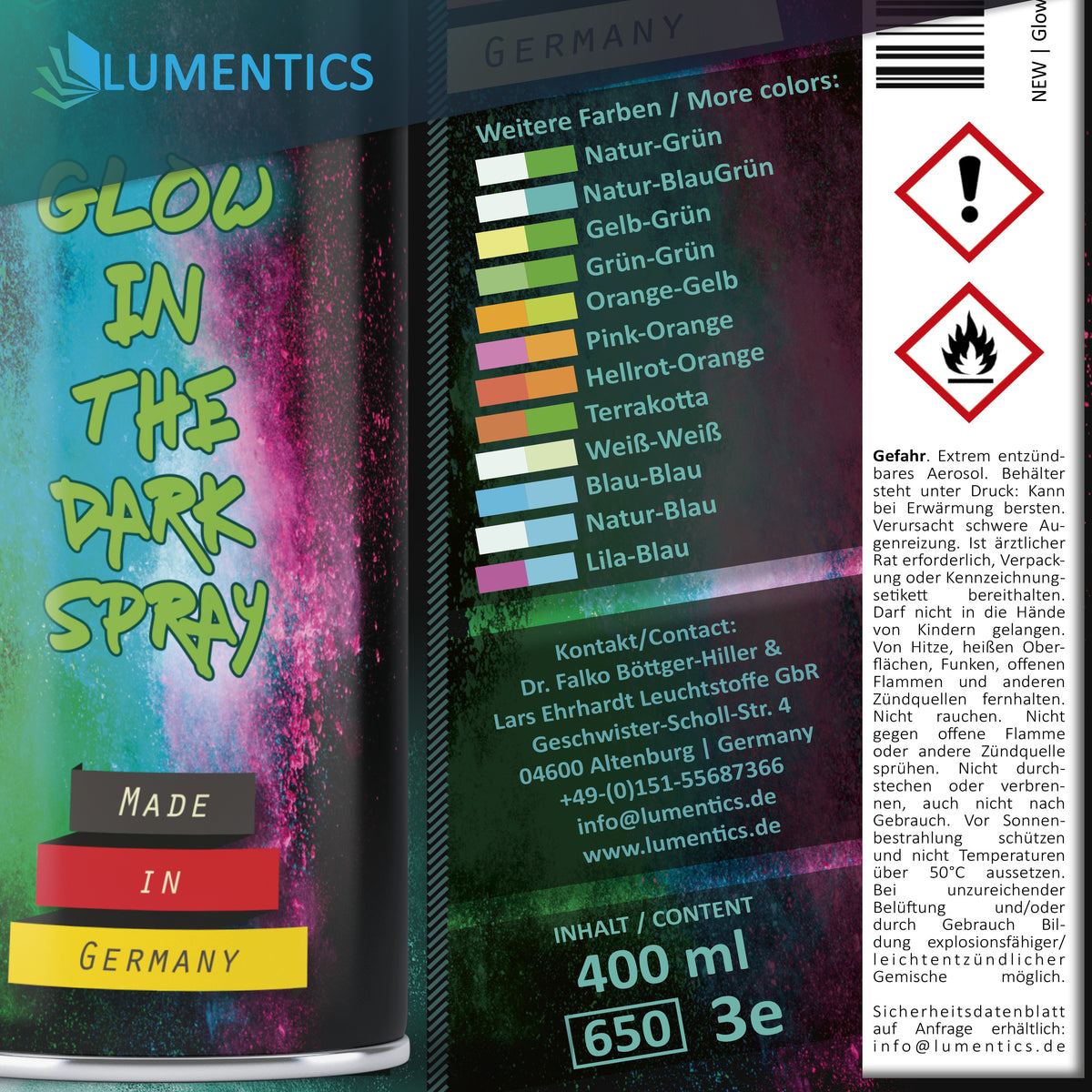 Leuchtspray Grün-Grün 400 ml: Collage: Person sprüht Quadratmuster, bei Licht und im Dunkeln leuchtend