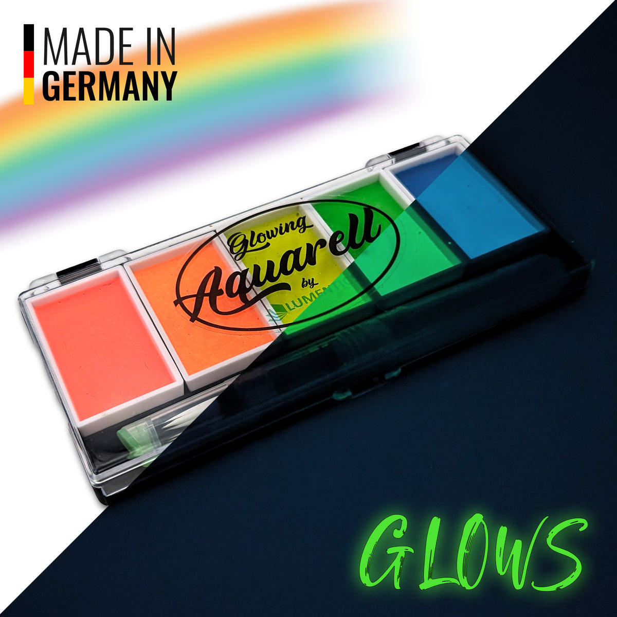 Leucht-Aquarell-Set Regenbogen: Farbkasten mit fünf Farben, bei Licht bunt, im Dunkeln mit Schriftzug Glows