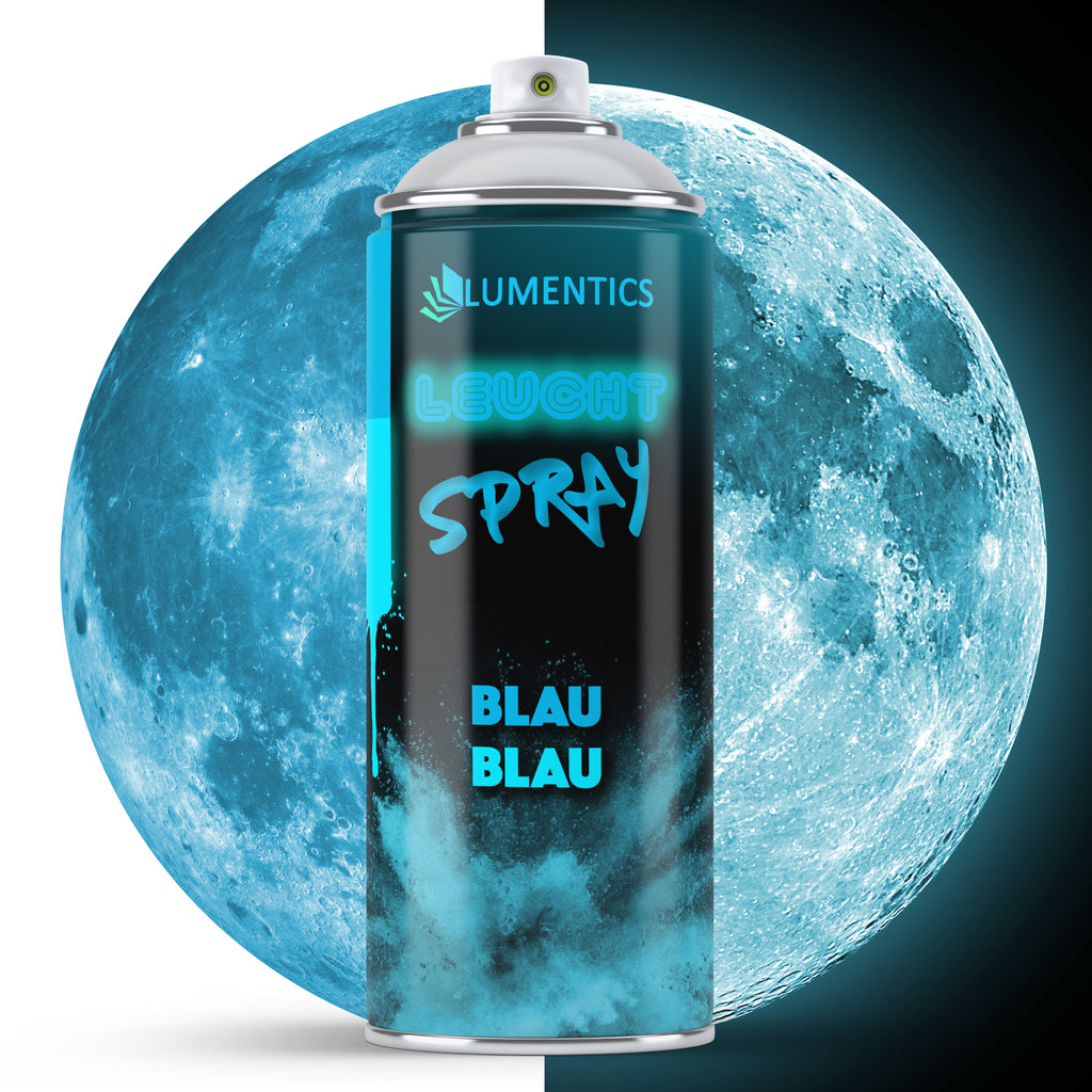 Leuchtspray Blau-Blau 400 ml vor einem Mond, links Tageslicht, rechts im Dunkeln blau leuchtend