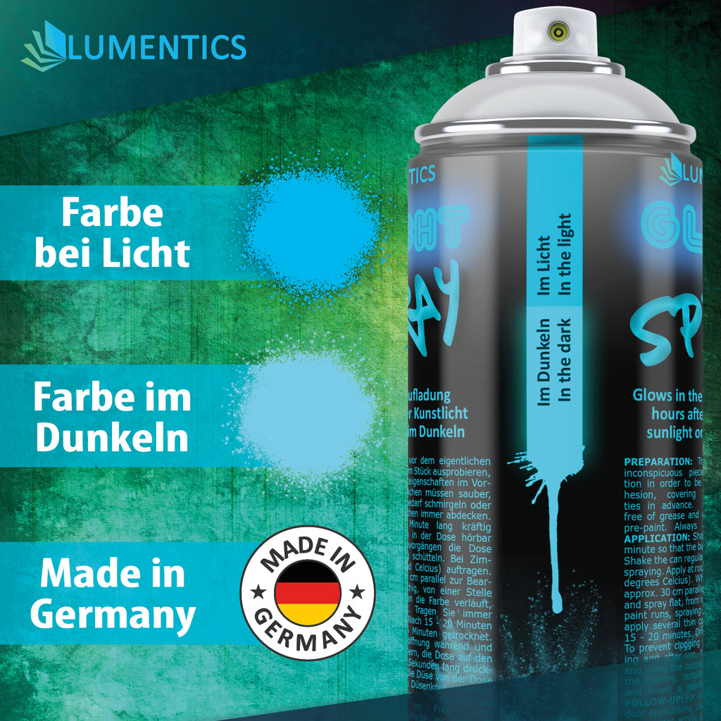 Leuchtspray Blau-Blau 400 ml, Grafik mit Farbproben bei Licht und im Dunkeln und Made-in-Germany-Siegel