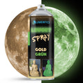 Leuchtspray Gold-Grün 400 ml: Dose vor Mond, links bei Tageslicht golden, rechts im Dunkeln grün leuchtend