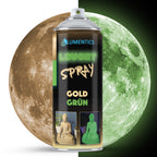 Leuchtspray Gold-Grün 400 ml: Dose vor Mond, links bei Tageslicht golden, rechts im Dunkeln grün leuchtend