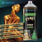 Leuchtspray Gold-Grün 400 ml, Dose neben goldbemalter Person, Grafik mit Stichpunkten