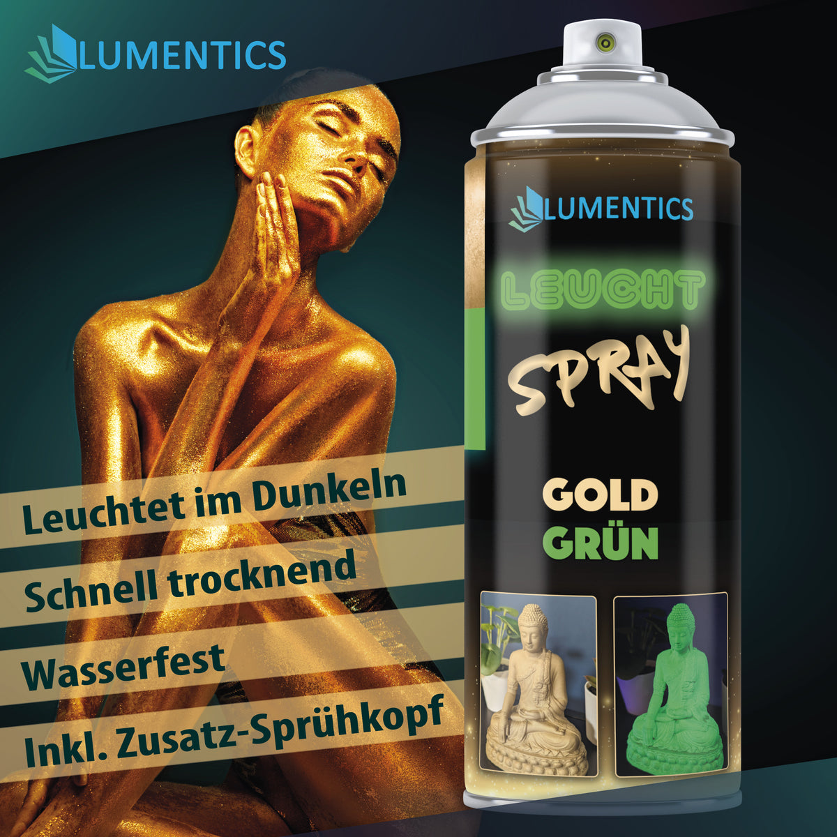 Leuchtspray Gold-Grün 400 ml, Dose neben goldbemalter Person, Grafik mit Stichpunkten