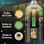 Leuchtspray Gold-Grün 400 ml: Sprühflecken bei Licht (gold) und im Dunkeln (grün), Dosenetikett