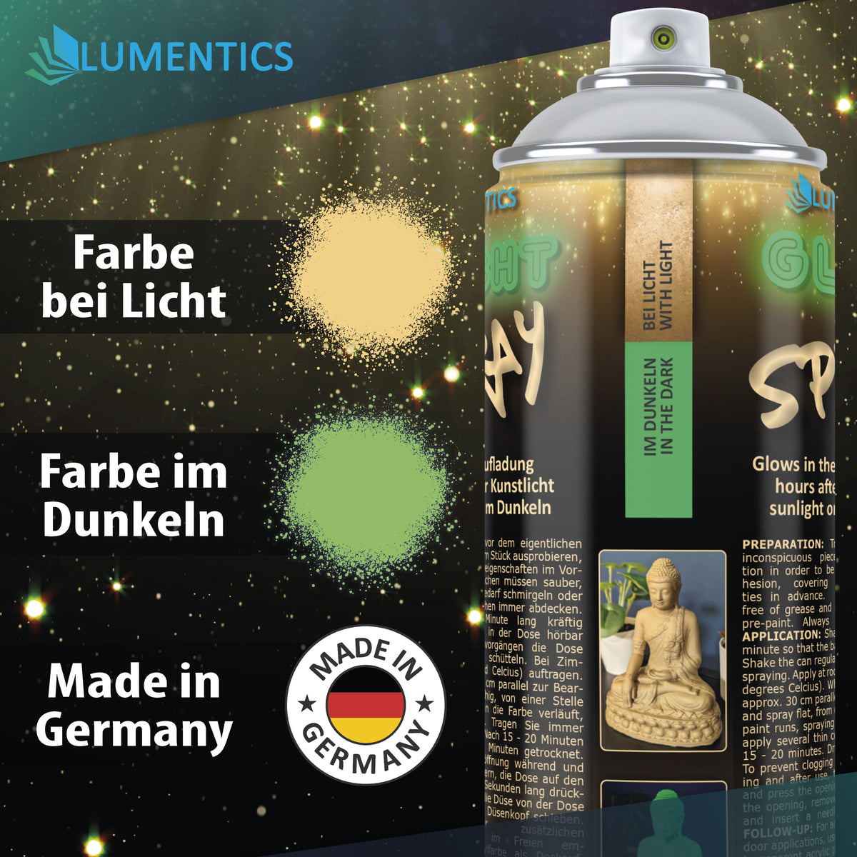 Leuchtspray Gold-Grün 400 ml: Sprühflecken bei Licht (gold) und im Dunkeln (grün), Dosenetikett