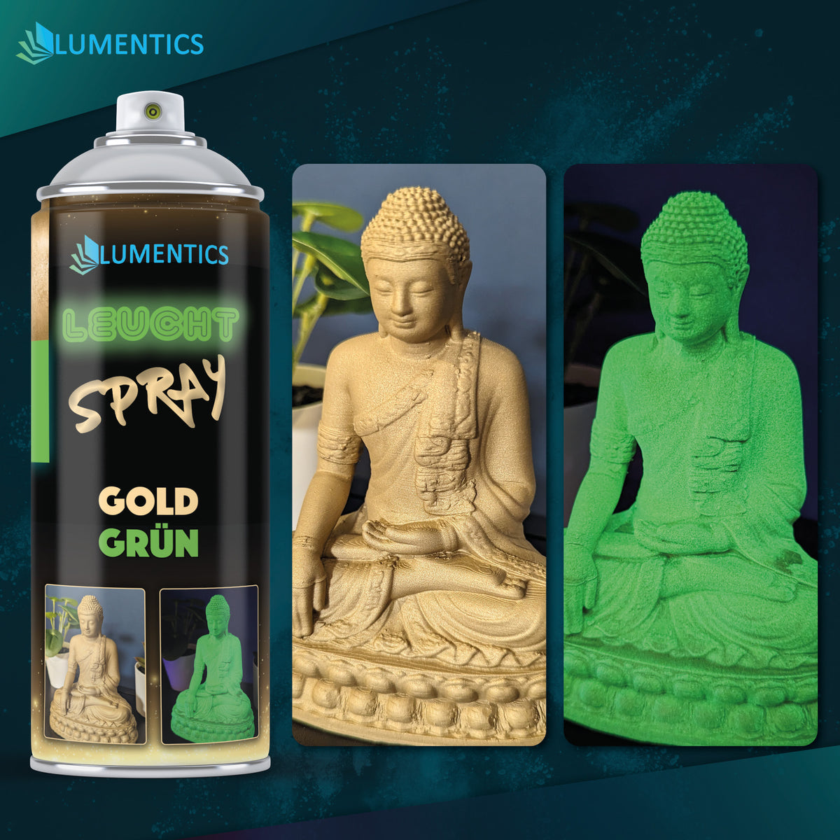 Leuchtspray Gold-Grün 400 ml neben Buddha-Figur, links bei Licht golden, rechts im Dunkeln grün
