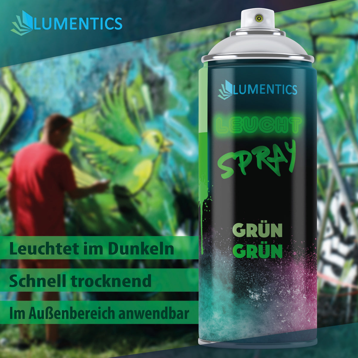 Leuchtspray Grün-Grün 400 ml: Person in rotem Shirt sprüht ein Graffiti mit Vogel, davor die Dose