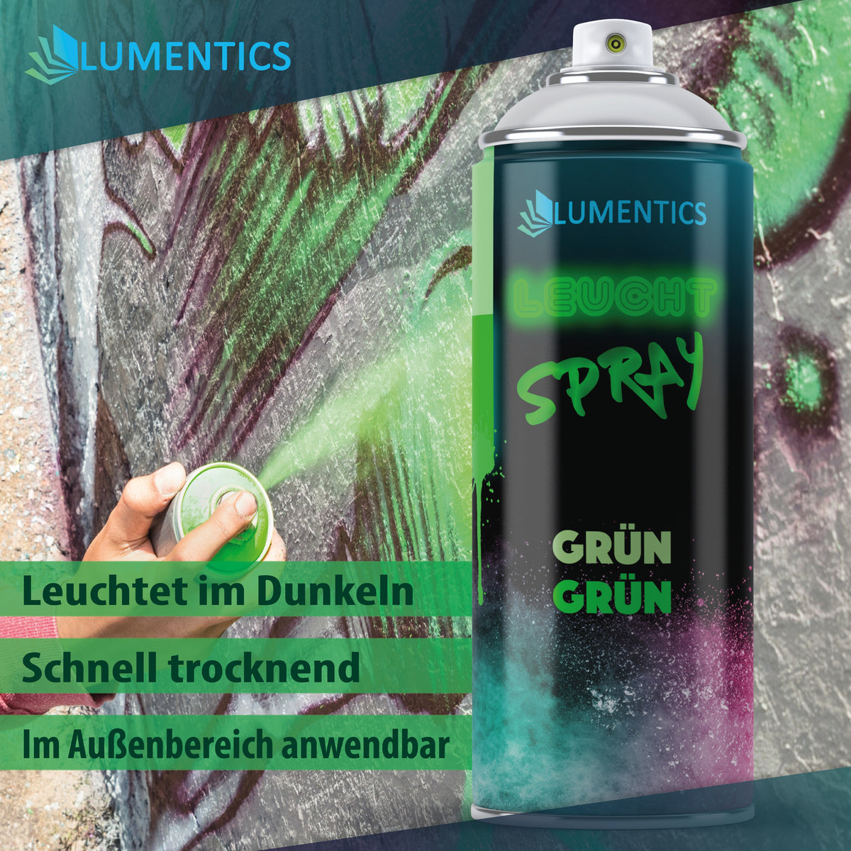 Leuchtspray Natur-Grün 400 ml: Hand sprüht auf eine Graffitiwand, dazu Textbalken zu Eigenschaften