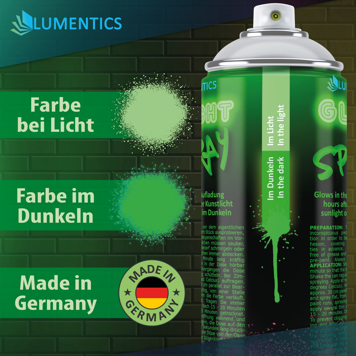Leuchtspray Grün-Grün 400 ml: Nahaufnahme, Sprühflecken bei Licht und im Dunkeln, Made-in-Germany-Siegel