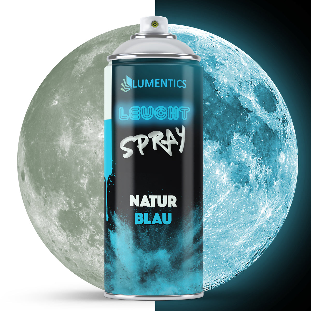 Leuchtspray Natur-Blau 400 ml: Dose vor Mond, links bei Tageslicht blassgrau, rechts im Dunkeln blau leuchtend