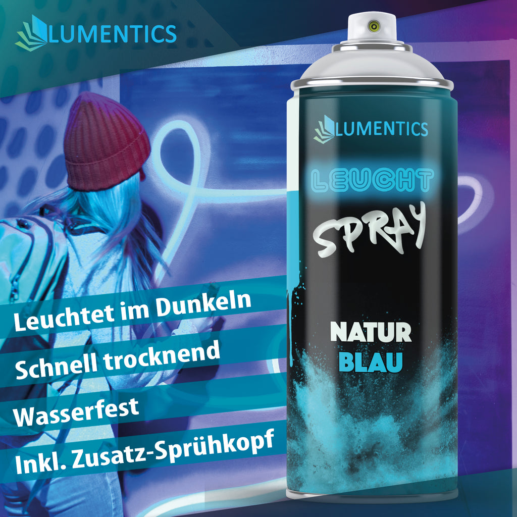 Leuchtspray Natur-Blau 400 ml, Dose vor Graffiti mit Person in Mütze, Grafik mit Stichpunkten