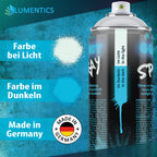 Leuchtspray Natur-Blau 400 ml: Sprühflecken bei Licht (weißlich) und im Dunkeln (blau), Dosenetikett