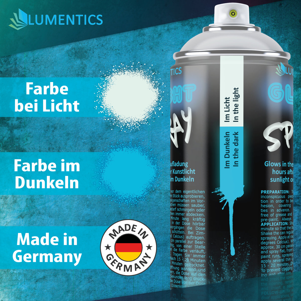 Leuchtspray Natur-Blau 400 ml: Sprühflecken bei Licht (weißlich) und im Dunkeln (blau), Dosenetikett