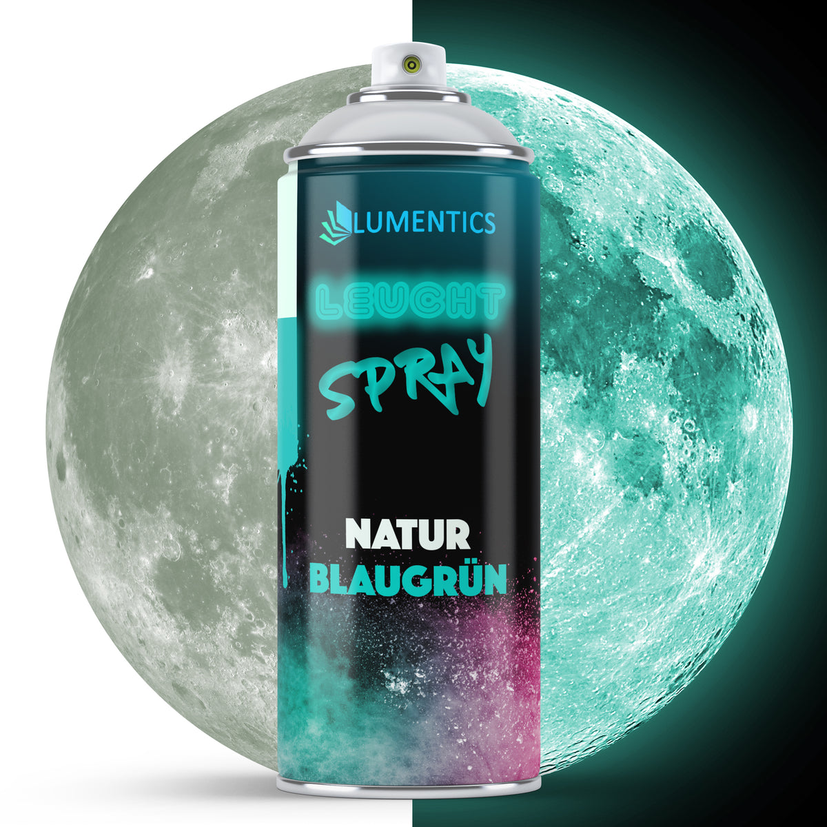 Leuchtspray Natur-Blaugrün 400 ml, Dose vor dem Mond: bei Tag grau, im Dunkeln blaugrün leuchtend