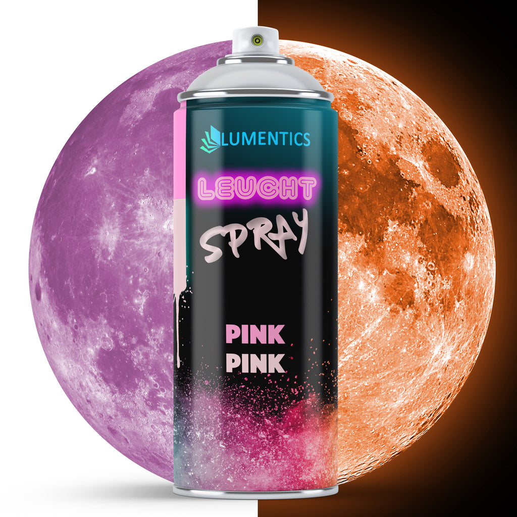 Leuchtspray Pink 400 ml: Dose vor dem Mond, links pink bei Licht, rechts orange im Dunkeln