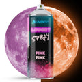 Leuchtspray Pink 400 ml: Dose vor dem Mond, links pink bei Licht, rechts orange im Dunkeln