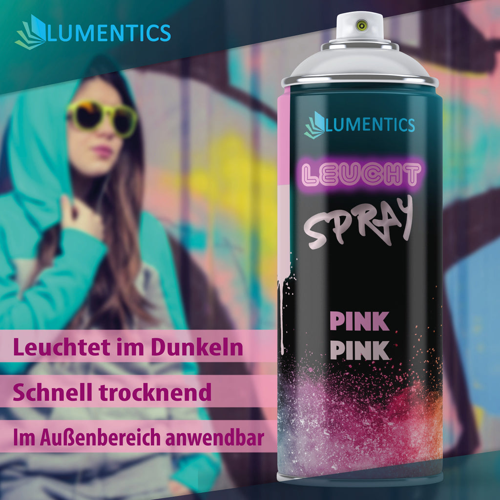 Leuchtspray Pink 400 ml vor einer Graffitiwand, Grafik mit Stichpunkten zu Eigenschaften