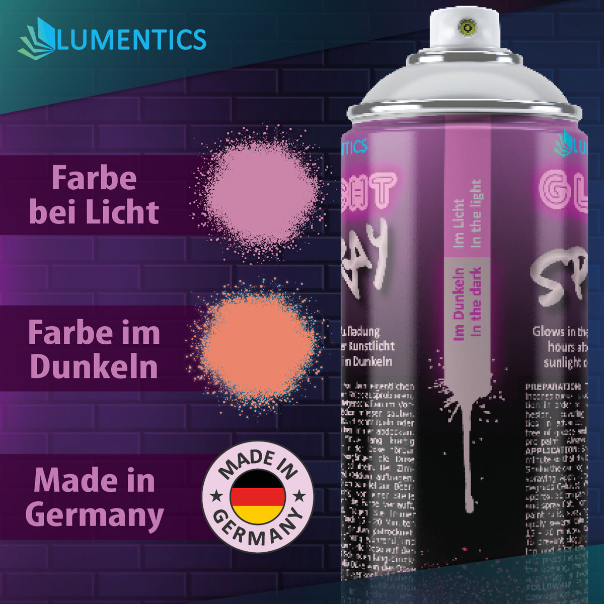 Leuchtspray Pink 400 ml: Farbproben bei Licht in Rosa und im Dunkeln in Orange, Grafik Made in Germany