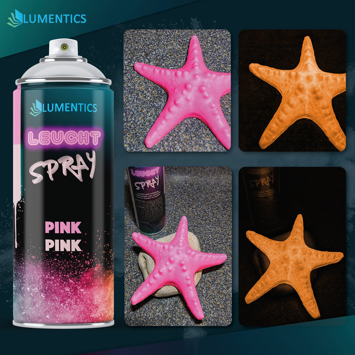 Leuchtspray Pink 400 ml: besprühte Seesterne bei Licht in Pink, im Dunkeln orange leuchtend