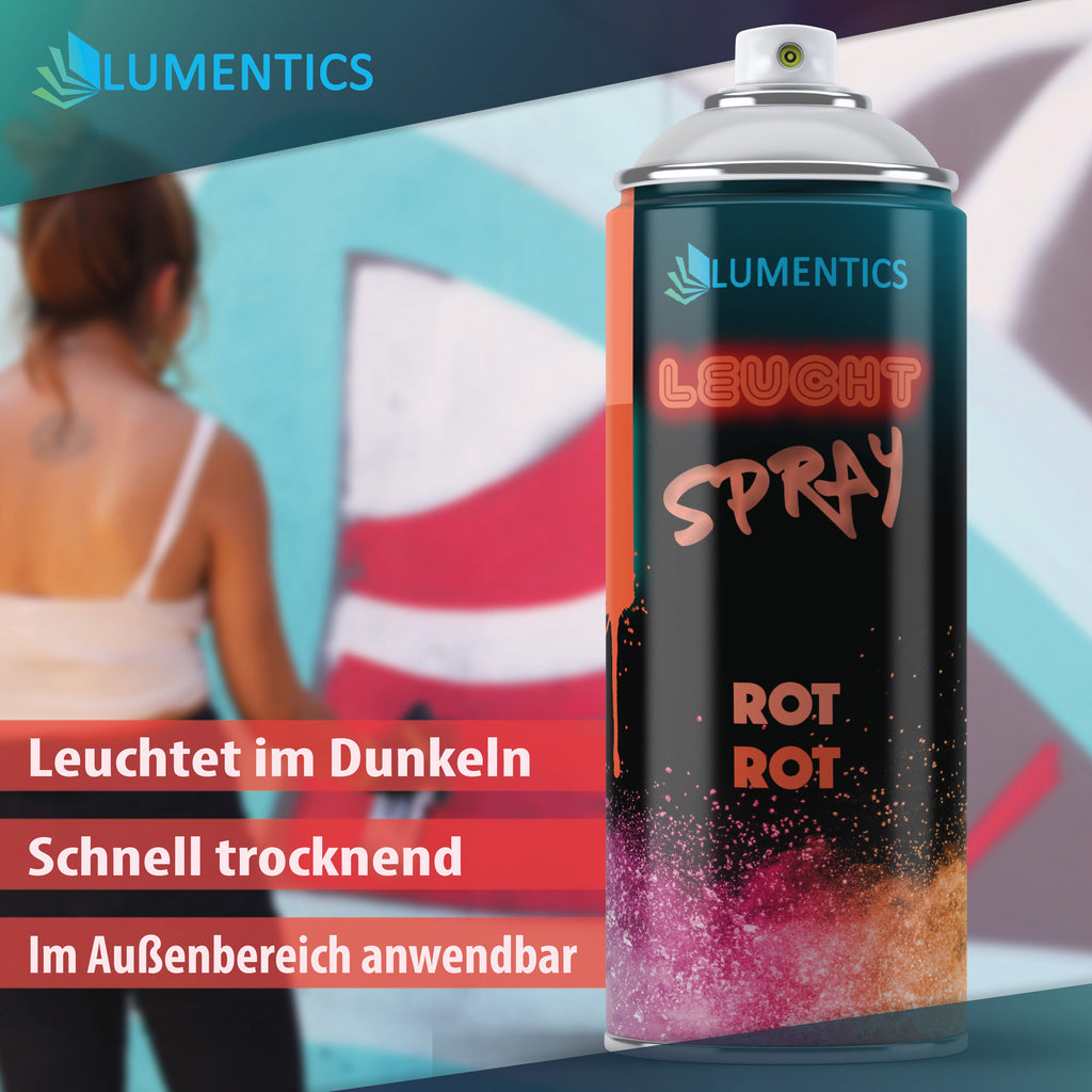 Leuchtspray Hellrot 400 ml, Dose vor Graffiti-Wand mit Person beim Sprühen, Grafik mit Stichpunkten
