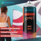 Leuchtspray Hellrot 400 ml, Dose vor Graffiti-Wand mit Person beim Sprühen, Grafik mit Stichpunkten
