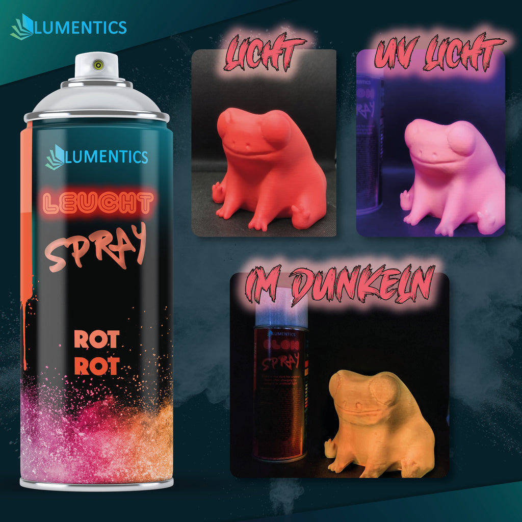 Leuchtspray Hellrot 400 ml: Froschfigur bei Licht, unter UV-Licht und im Dunkeln nachleuchtend