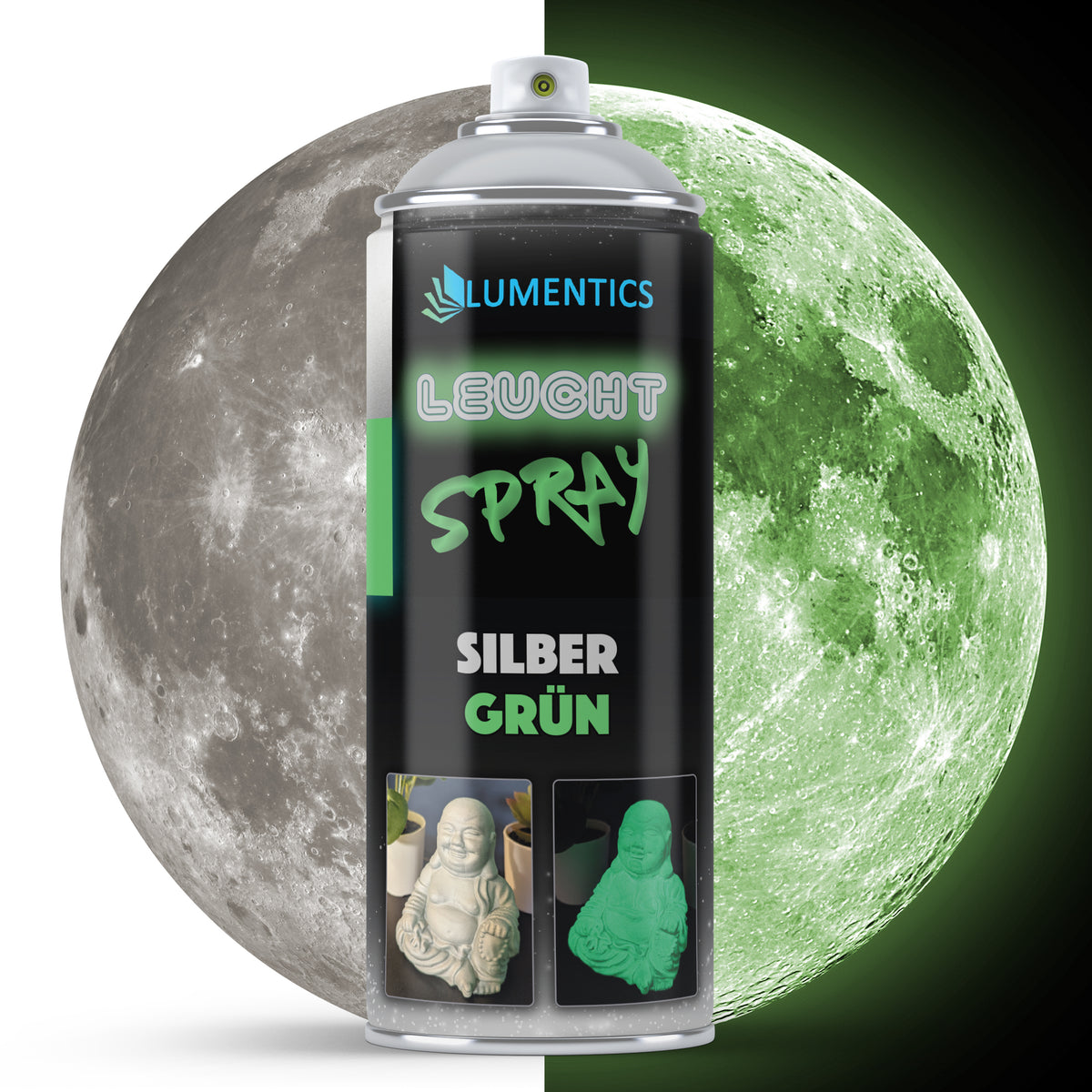 Leuchtspray Silber-Grün 400 ml vor geteiltem Mond: links Tageslicht, rechts im Dunkeln grün leuchtend