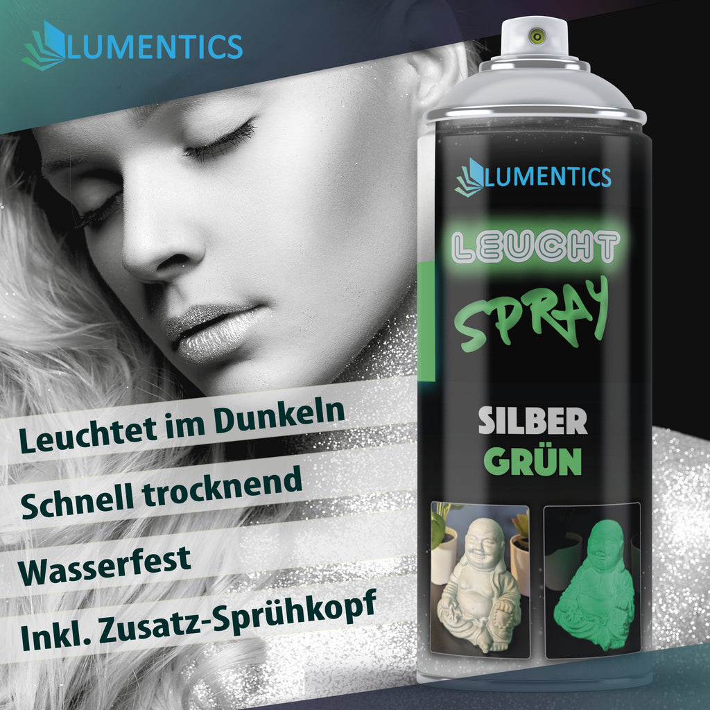 Leuchtspray Silber-Grün 400 ml vor Porträt einer Frau mit silbernem Glitzer, daneben Stichpunkte zu Eigenschaften