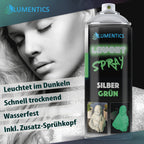 Leuchtspray Silber-Grün 400 ml vor Porträt einer Frau mit silbernem Glitzer, daneben Stichpunkte zu Eigenschaften