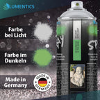 Leuchtspray Silber-Grün 400 ml mit Farbproben: bei Licht silbrig, im Dunkeln grün, Siegel Made in Germany