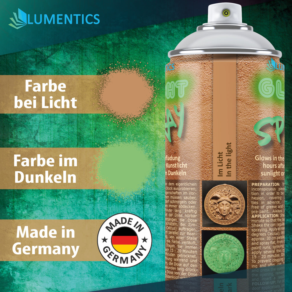Leuchtspray Terrakotta-Grün 400 ml, Farbproben bei Licht (terrakotta) und im Dunkeln (grün), Siegel Made in Germany