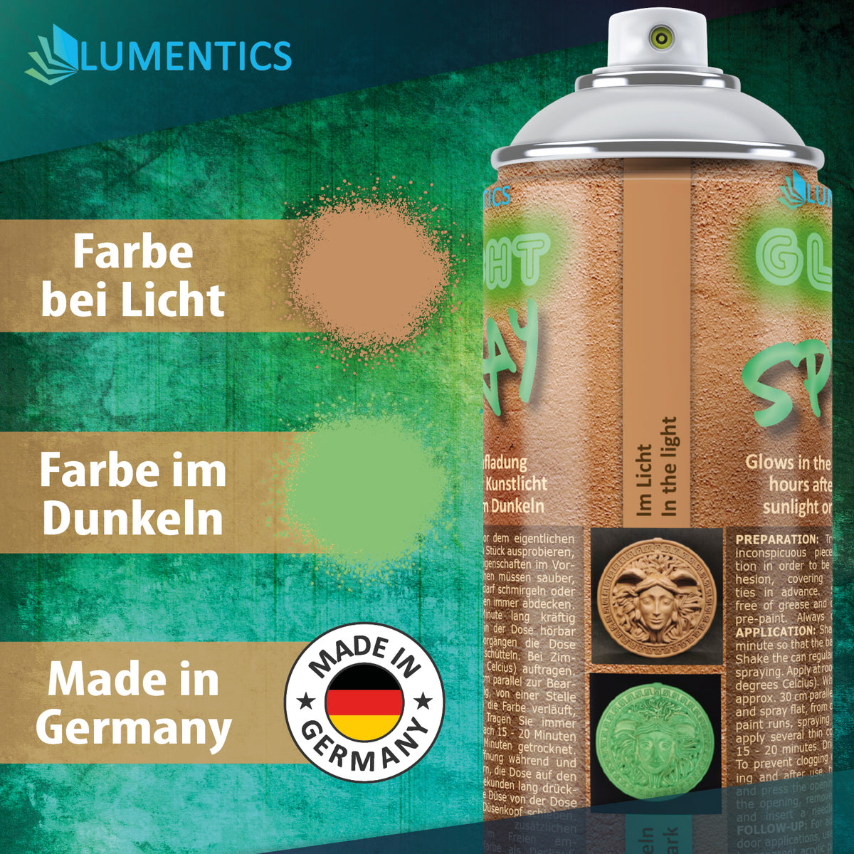 Leuchtspray Terrakotta-Grün 400 ml, Farbproben bei Licht (terrakotta) und im Dunkeln (grün), Siegel Made in Germany