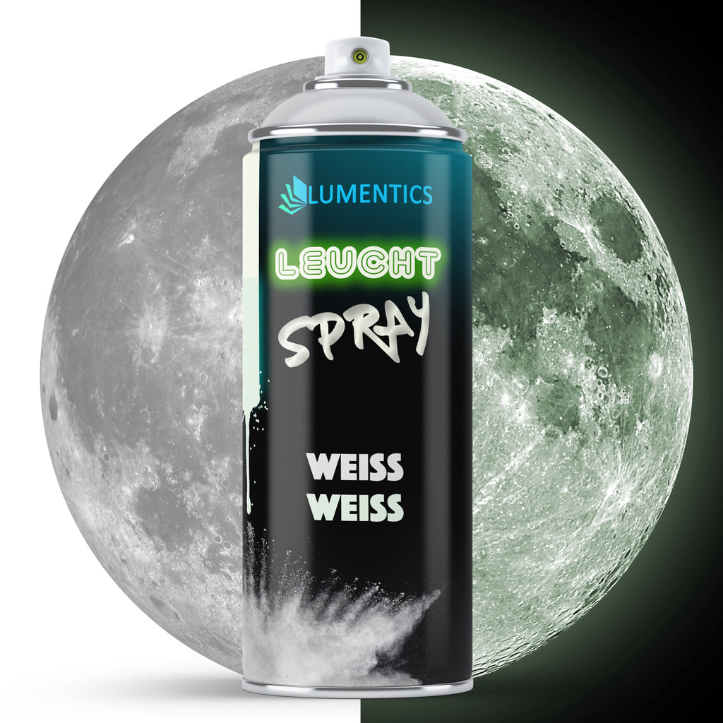 Leuchtspray Weiß 400 ml: Dose vor Mond, links grau-weiß im Licht, rechts schwach grünlich leuchtend im Dunkeln