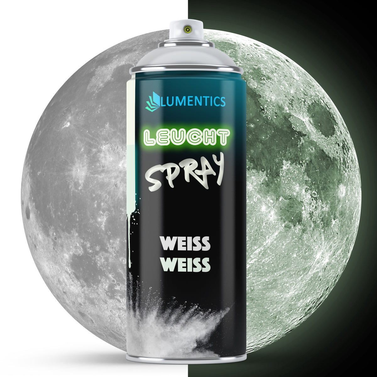 Leuchtspray Weiß 400 ml: Dose vor Mond, links grau-weiß im Licht, rechts schwach grünlich leuchtend im Dunkeln