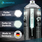 Leuchtspray Weiß 400 ml: Sprühfarbe bei Licht weiß, im Dunkeln hellgrün, Dose mit Etikett