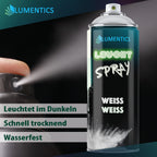 Leuchtspray Weiß 400 ml: Sprühstoß aus der Düse neben der Dose, dazu Hinweise zu Trocknung und Wasserfestigkeit