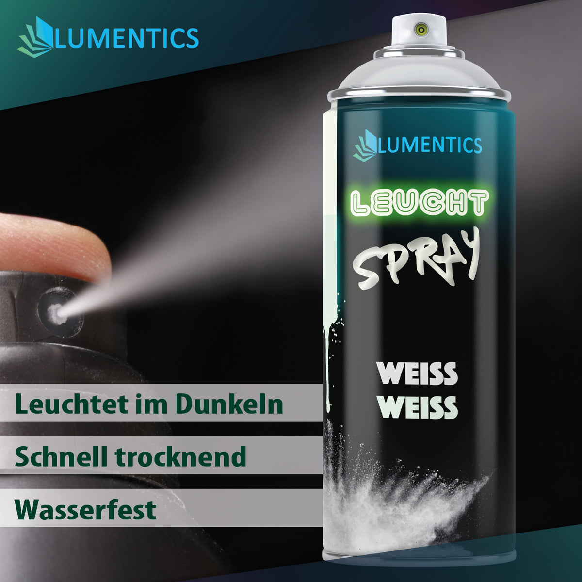 Leuchtspray Weiß 400 ml: Sprühstoß aus der Düse neben der Dose, dazu Hinweise zu Trocknung und Wasserfestigkeit
