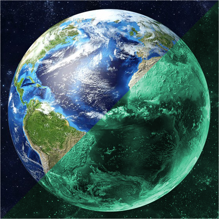 Planeten-Aufkleber Erde 30 cm: links bei Tageslicht blau und grün, rechts im Dunkeln grün leuchtend