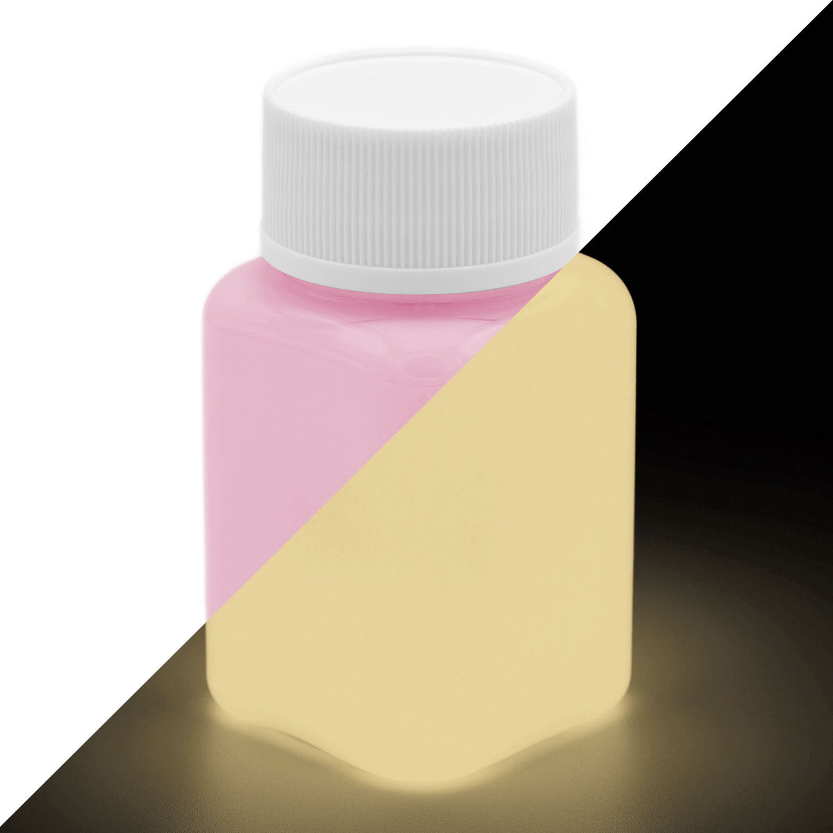 Leuchtfarbe Pink 100 g, Flasche diagonal geteilt: links bei Tageslicht rosa, rechts im Dunkeln hell nachleuchtend