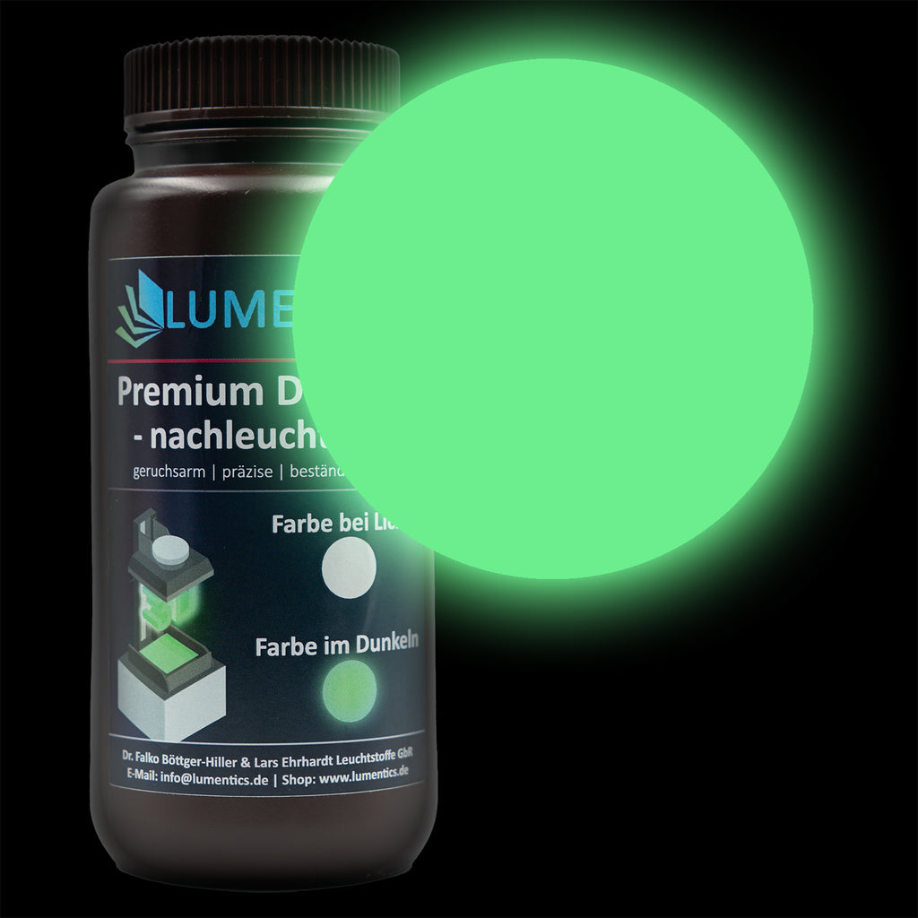 3D-Druckharz Grün 500 g: Flasche mit Etikett Farbe bei Licht und im Dunkeln, großer grün leuchtender Kreis
